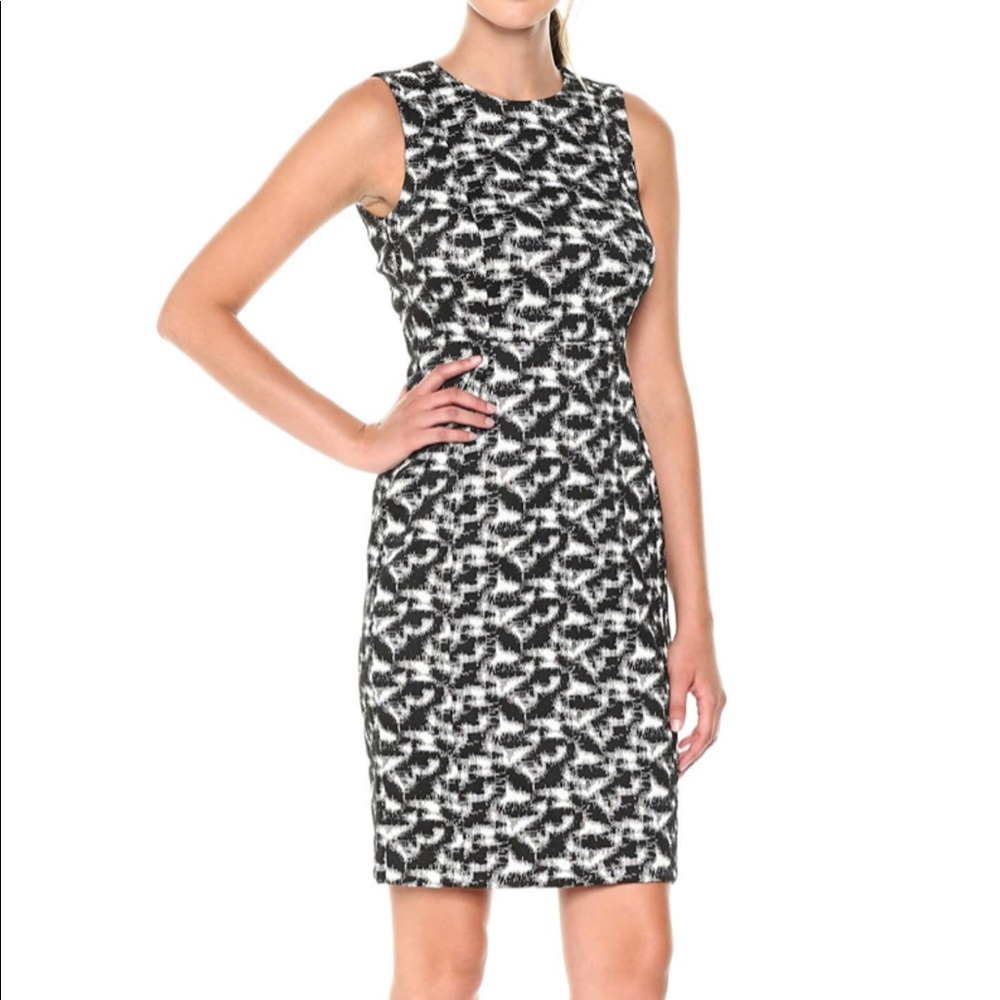 CALVIN KLEIN 14 Women's Abstract Sheath Dress Stretch Exposed Gold Zipper EUC